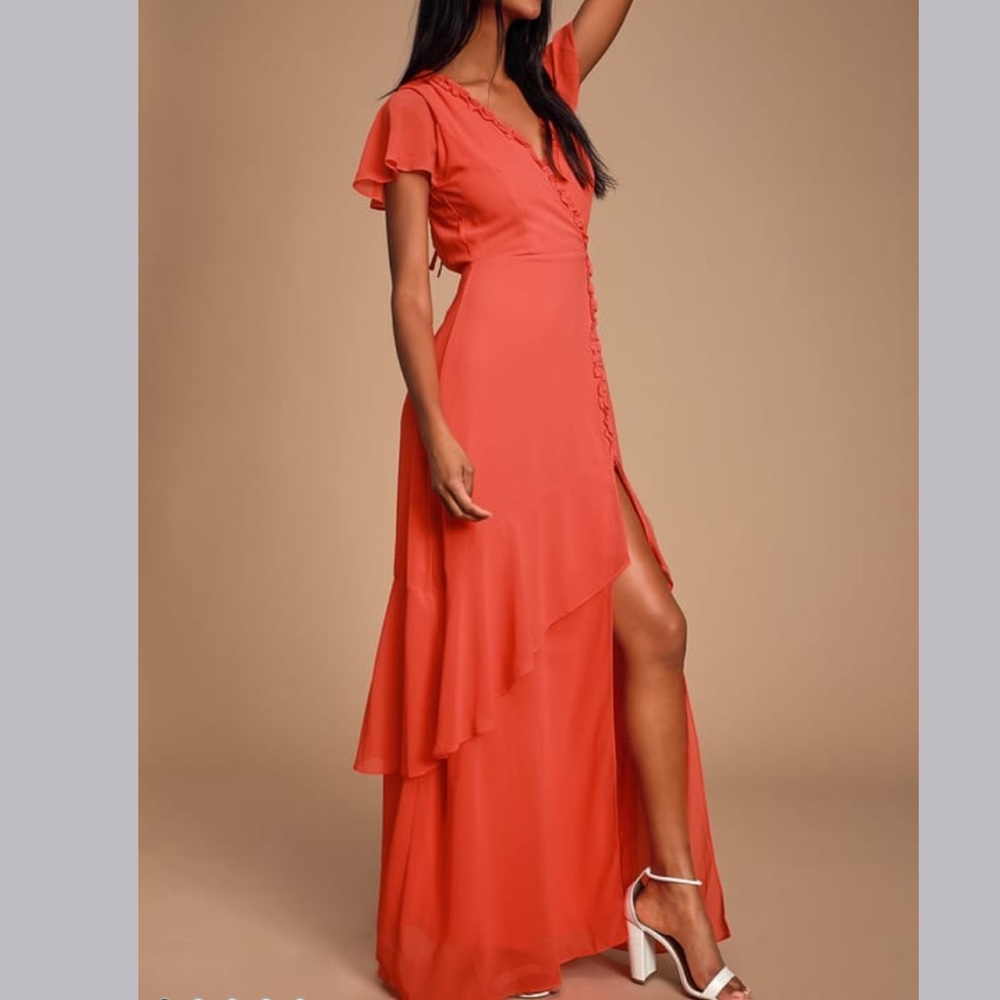 Lulus Coral Red Ruffled Backless Maxi Dress NWT